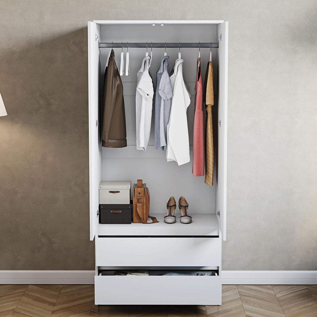 Denver 2 Door & 2 Drawer Wardrobe | White | Bedroom Furniture | 174H X 76W X 53D Cm | with Spacious Drawers & Hanging Rail | Large Capacity Storage
