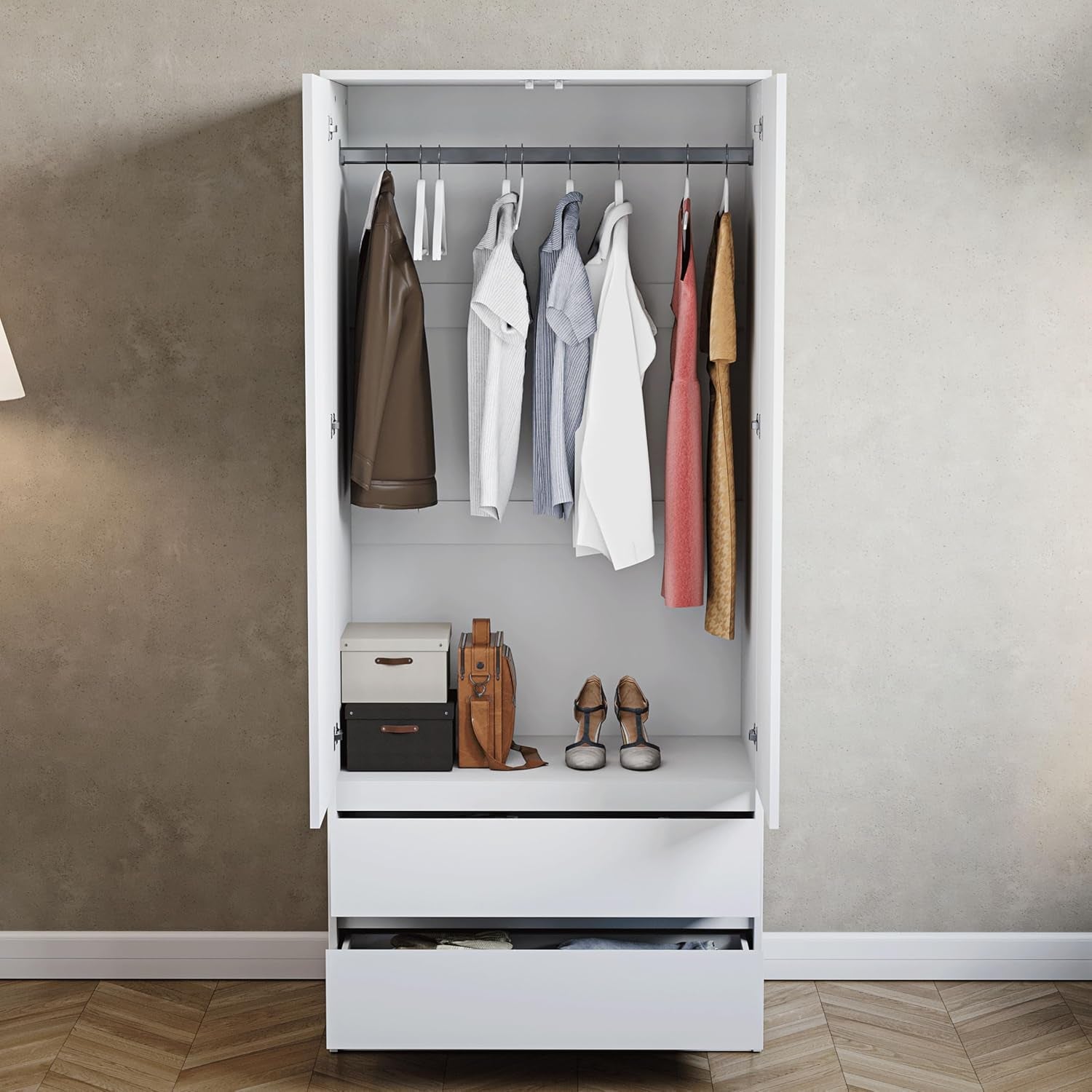 Denver 2 Door & 2 Drawer Wardrobe | White | Bedroom Furniture | 174H X 76W X 53D Cm | with Spacious Drawers & Hanging Rail | Large Capacity Storage