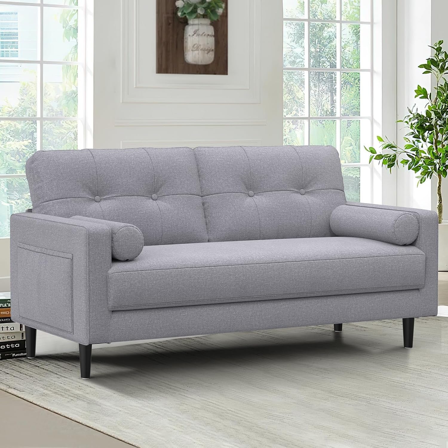 2 Seater Sofa, Thick Cushions,2 Pillows & Pockets (Ash Grey) | Comfy Linen 2 Seater Sofa Couch, 2 Pillows & Side Pockets Storage, Ergonomic Design, Easy Assembly for Living Room, Office