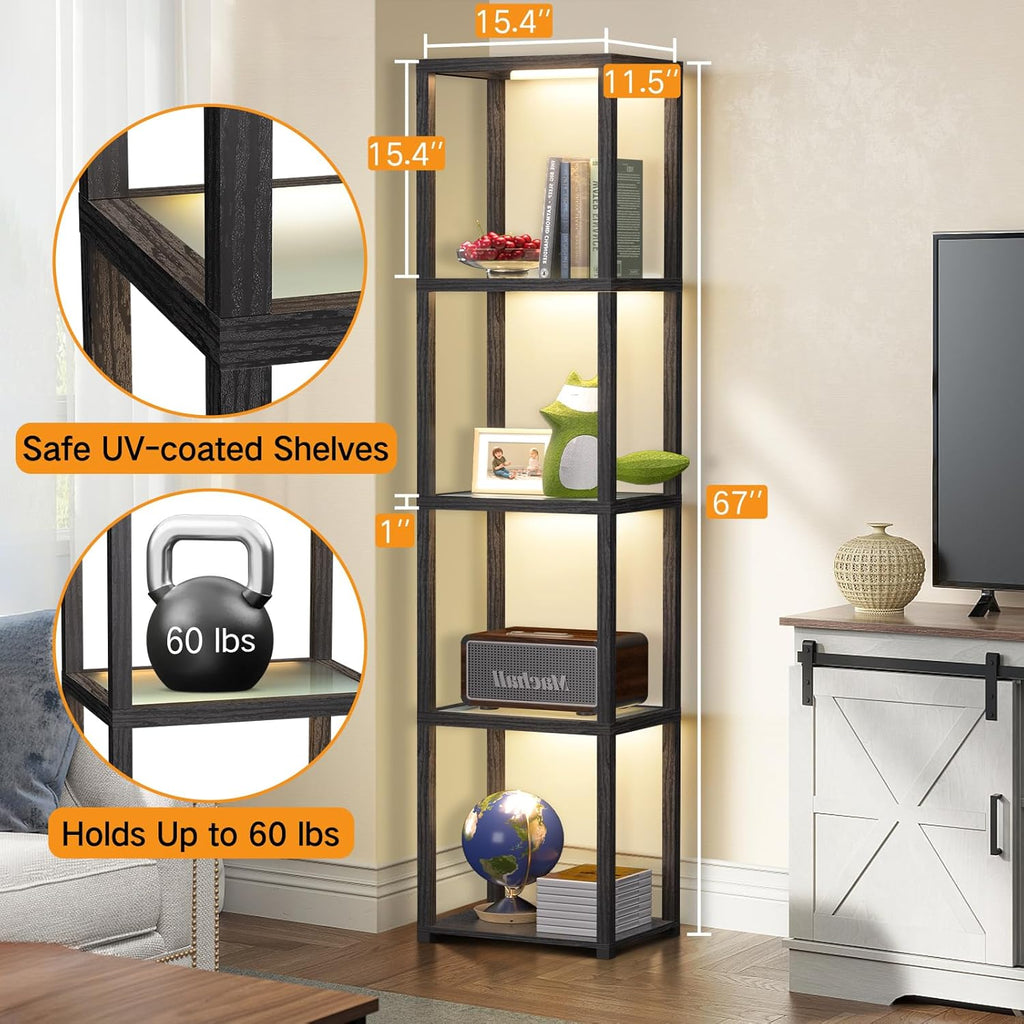 67" Glass Display Shelf with Dimmable LED Floor Lamp, Collectibles Display Cabinet with Remote & App Control, 5 Tier Open Bookshelf Lamp for Living Room, Bedroom, Office, Home Decor, Black | Remote Control and App Control, Open Bookcase Light for Living Room and Bedroom, Black