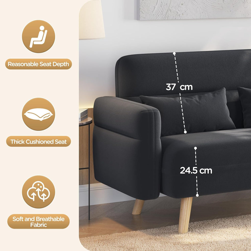 116Cm Fabric 2 Seater Loveseat Sofa with 2 Pillows, Dark Grey | Tapered Solid Wood Legs, Fabric Upholstery, Compact Size, 2 Matching Pillows, Ideal for Dorm, Office, Bedroom & Living Room