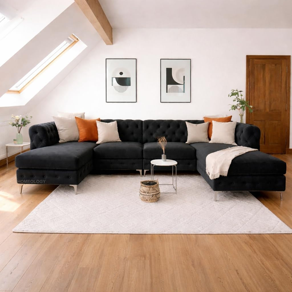 Chesterfield U-Shaped Corner Sofa | Plush Velvet Button Tufted Sofas | Large Double Chaise Sectional Sofa | 4–5 Seater Sofa for Living Room with Scatter Cushions (Black, U Shape Sofa)