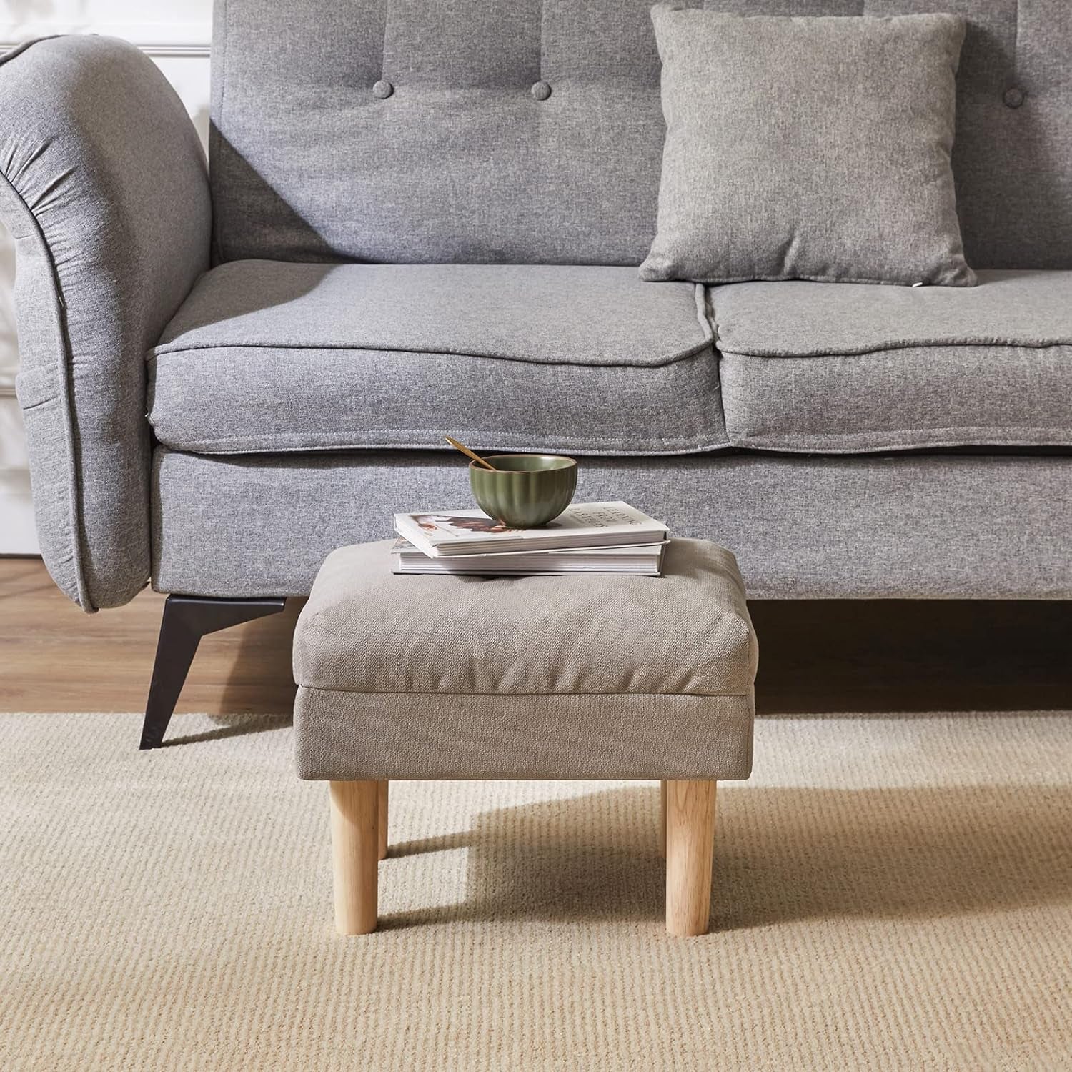 Foot Stool, Ottoman Small, Chair with Sponge Padded Seat, Footrest, Shoes Changing Wooden Stool for Living Room, Bedroom, Entryway, 40×29×32CM, Grey HBD023G
