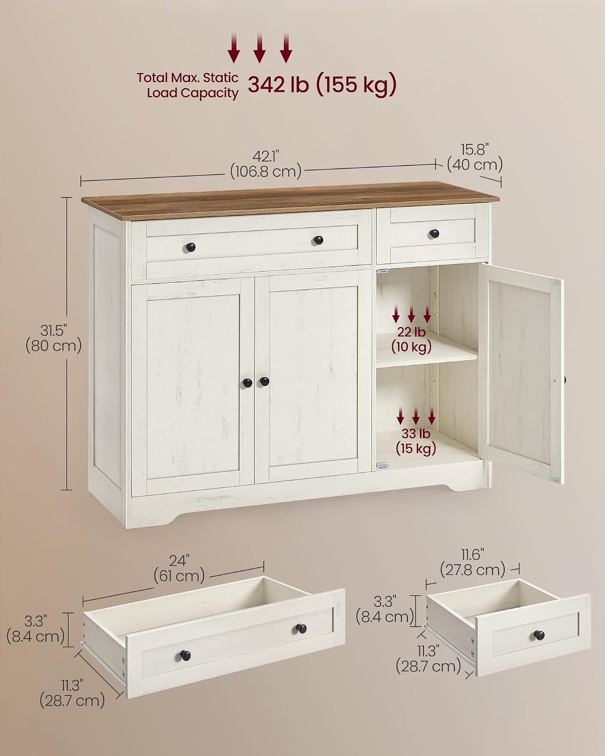 Collection - Storage Cabinet, Farmhouse Buffet Cabinet with 2 Drawers and Adjustable Shelves, 3 Doors, Sideboard, Coffee Bar, 40 X 107 X 80 Cm, Rustic White and Honey Brown SIREN LSC531WJ01