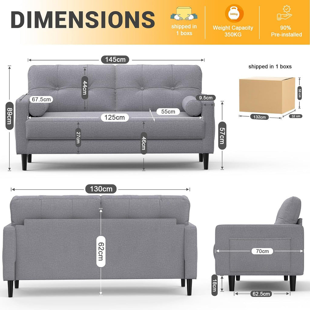 2 Seater Sofa, Thick Cushions,2 Pillows & Pockets (Ash Grey) | Comfy Linen 2 Seater Sofa Couch, 2 Pillows & Side Pockets Storage, Ergonomic Design, Easy Assembly for Living Room, Office