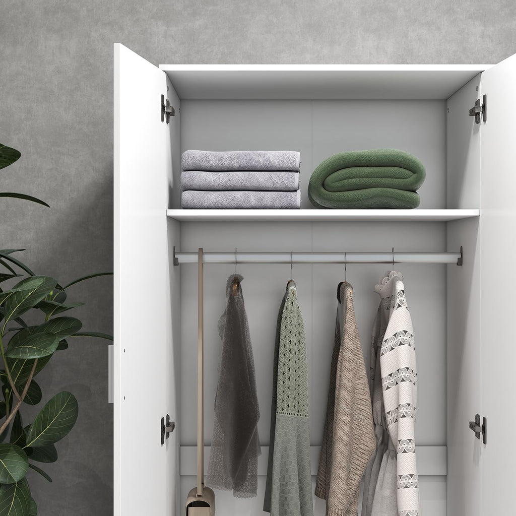 3 Doors Mirrored Wardrobe for Bedroom Bedroom Furniture Robe with 6 Storage Compartments, Hanging Rail, 115.4 X 50 X 180 Cm (White)