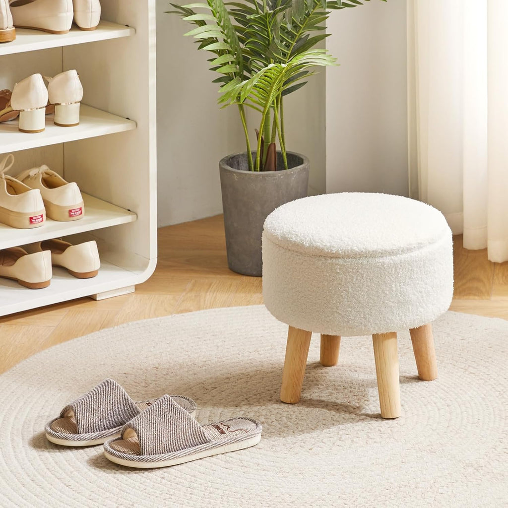 13 Inch Small Footstool Ottoman with Storage, round Pouffe Foot Rest with Padded Seat and Wood Legs, Teddy Velvet Mini Footstool for Living Room Couch Bedroom Entryway, Cream WBD006W