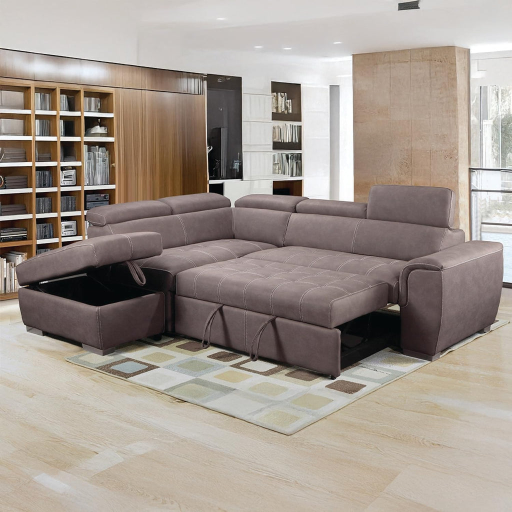 Corner Sofa Bed | Nevada Large Brown L Shaped Suede Mushroom | Tilting Headrest and Storage Ottoman Included (Left Hand Facing + Ottoman)