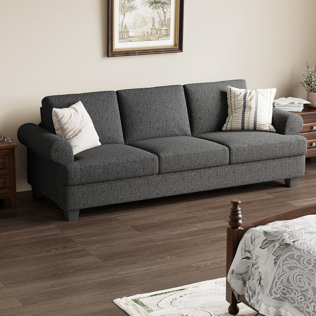 231CM Sofa Couch, Deep Seat Sofa with Lawson Style Armrests, Modern 3 Seater Sofa with Upholstered Cushion& Backrests, Mid-Century Comfy Couch for Living Room, Apartment, Gray