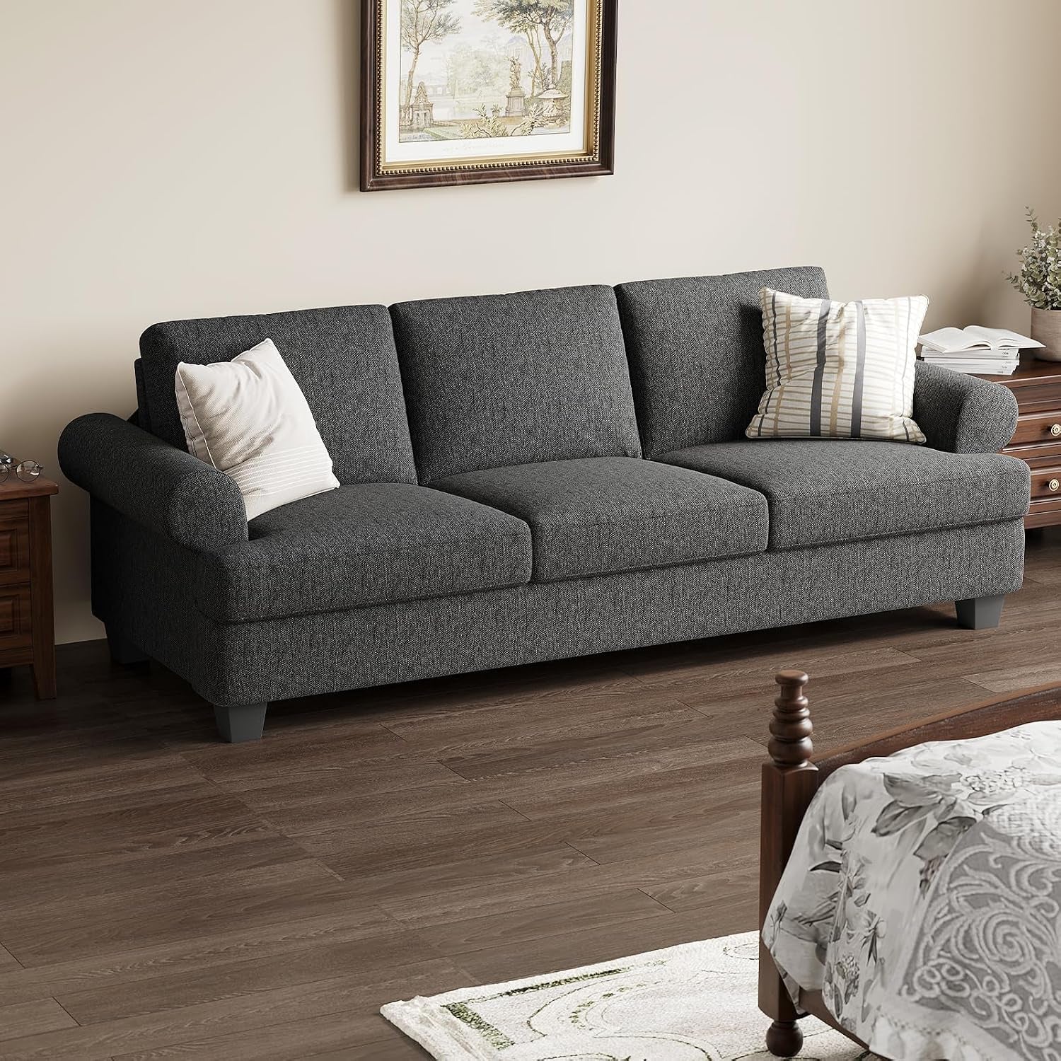 231CM Sofa Couch, Deep Seat Sofa with Lawson Style Armrests, Modern 3 Seater Sofa with Upholstered Cushion& Backrests, Mid-Century Comfy Couch for Living Room, Apartment, Gray