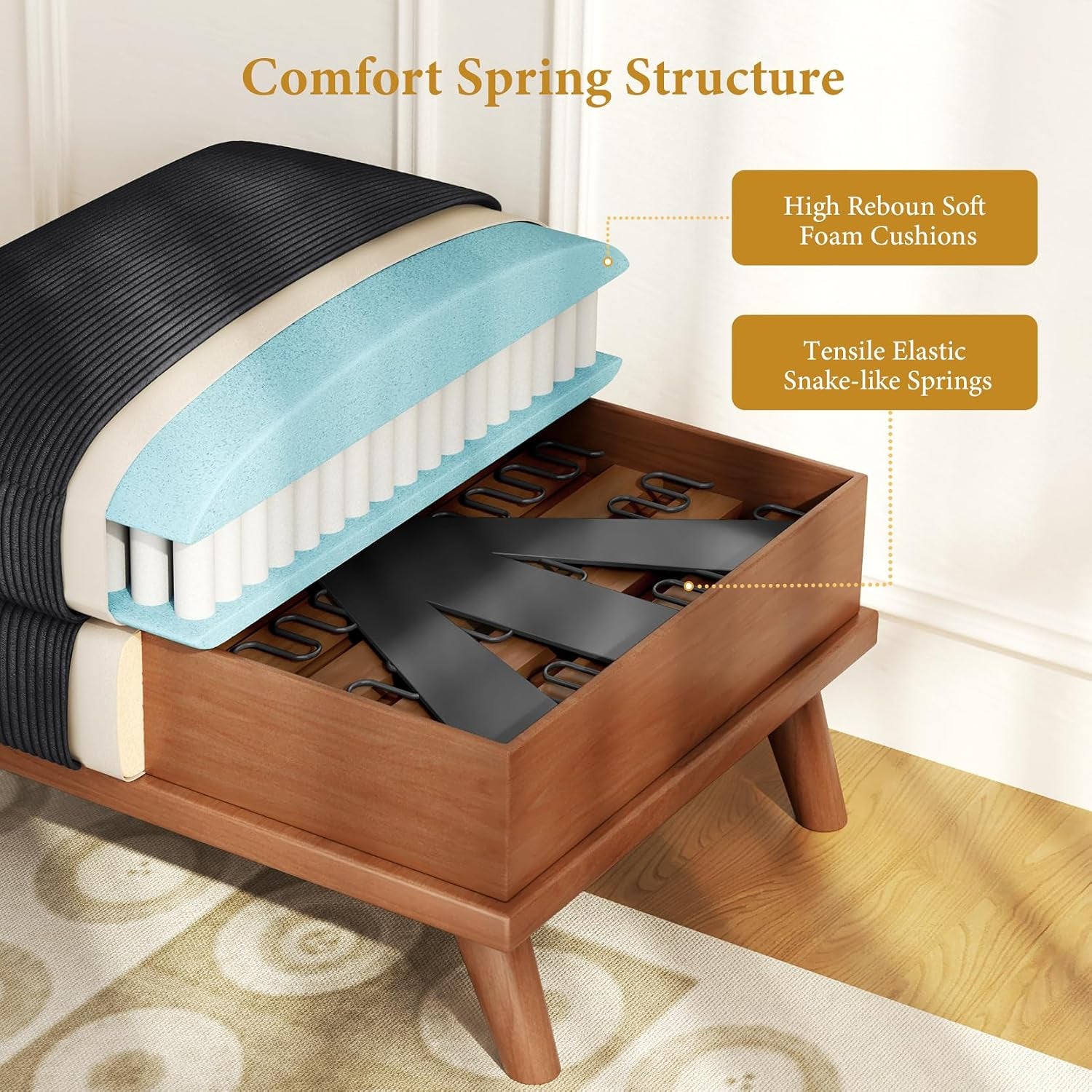 Large Ottoman for Modular Sofa, Large Corduroy Ottoman with Spring Cushion, Rectangle Foot Rest for Couch, Entrance Footstool with Wood Legs, Footstool for Living Room, Bedroom, Black