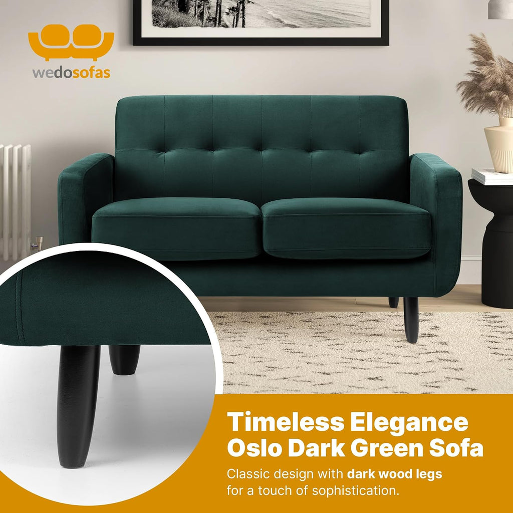 Oslo 2 Seater Compact Sofa in Dark Green Velvet Fabric | W130 X D80 X H80 Cm, Padded Cushions, 2 Couch for Modern Living Rooms, Bedrooms & Flats, Velvet Fabric