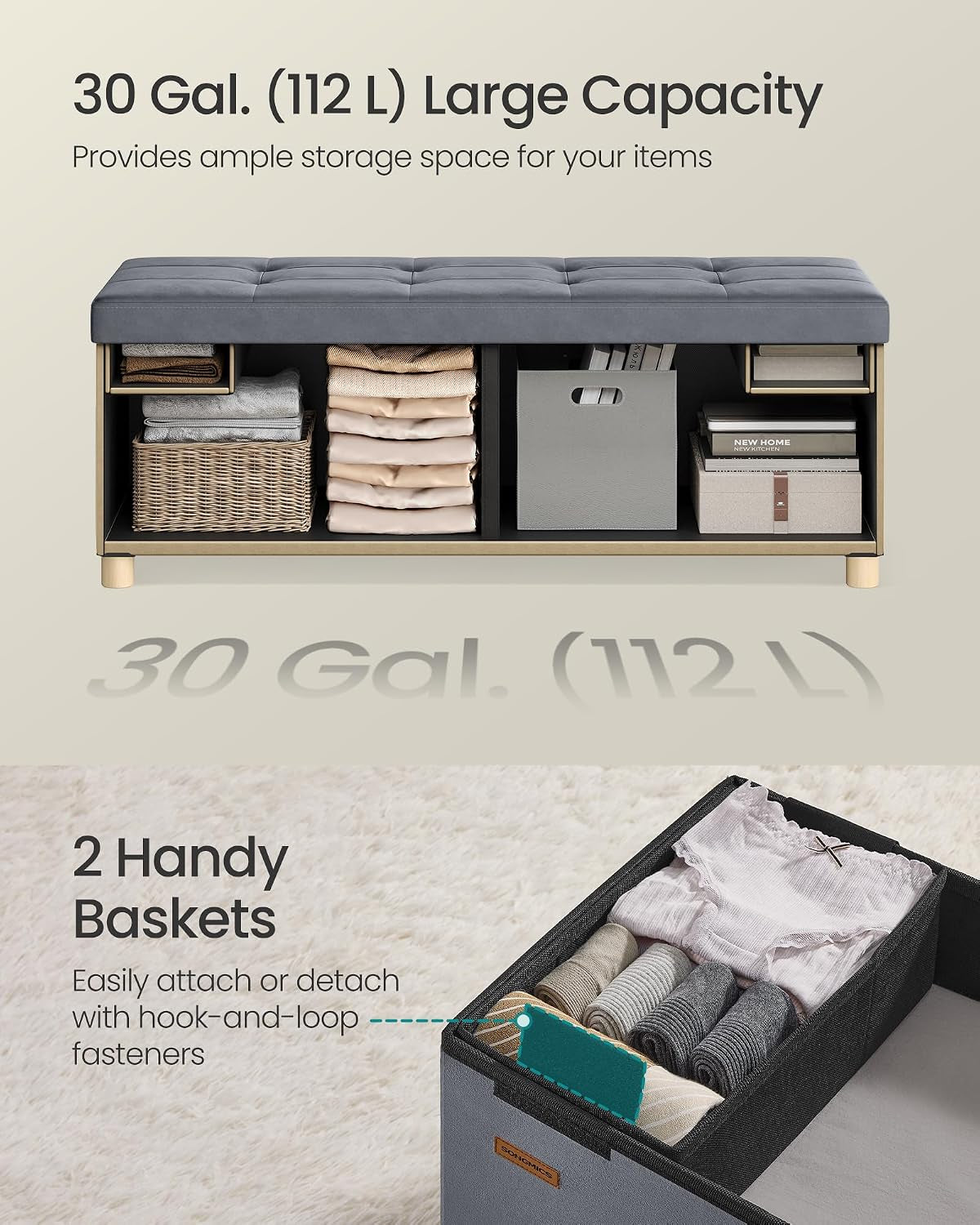 Storage Ottoman, 38 X 110 X 40 Cm, Folding Storage Bench with Lid, Footstool, Footrest, 112 L, Velvet Surface, for Bedroom, Hallway, Living Room, Slate Grey LSF0518G03