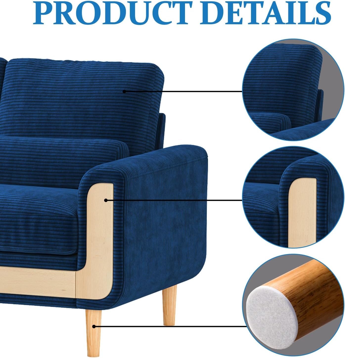 Large 2 Seater Sofa in Corduroy with Bolster Cushions, Blue | 175 Cm Wide, 146 Cm Seat, 51 Cm Seat Depth, 15 Cm High Legs, Solid Wood Frame, Corduroy Upholstery