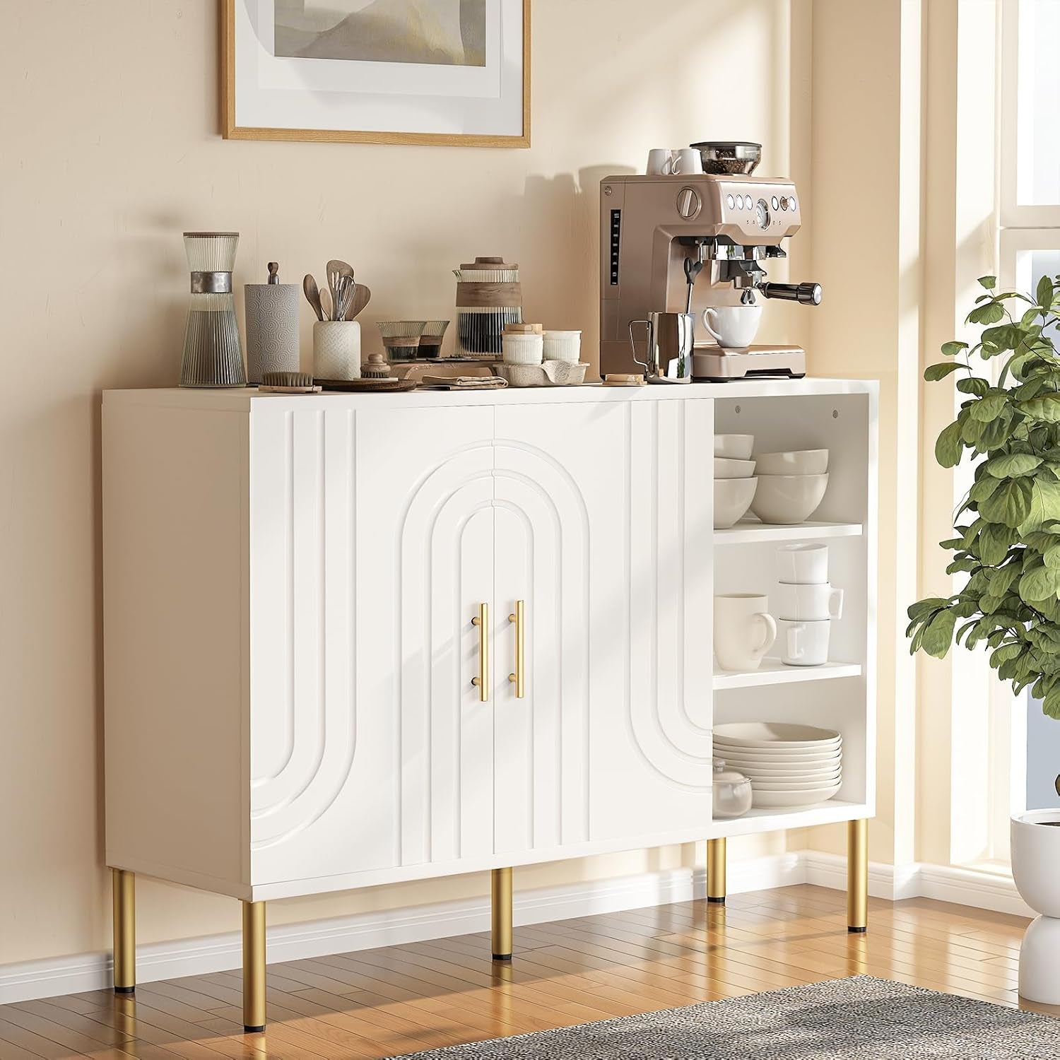 Sideboard with Curved Texture, Cream White, 110X35X82 Cm | Wooden Storage Cabinet with 2 Doors and 3 Tier Shelves, Kitchen Cupboard Storage, Buffet for Living Room Kitchen Hallway