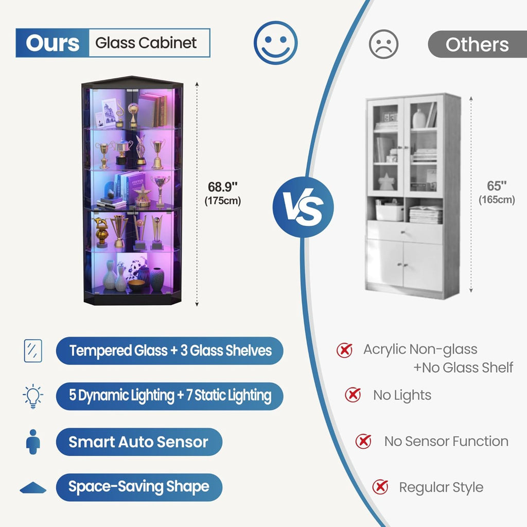 69" Corner RGB Glass Display Cabinets with Lock for Curio,Black | 5 Tier Modern Curio Cabinet with Dynamic Lighting,Storage Bookcase Cabinet with Glass Door for Study,Living Room,Bedroom