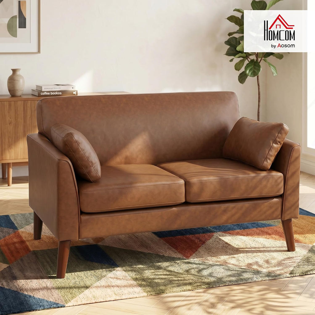 2 Seater Sofa 132 Cm PU Leather Upholstered for Small Space Brown | Modern Small Sofa, Loveseat, Solid Wood Legs, 2 Pillows, Couch Settee, Living Room, Bedroom, Home Office