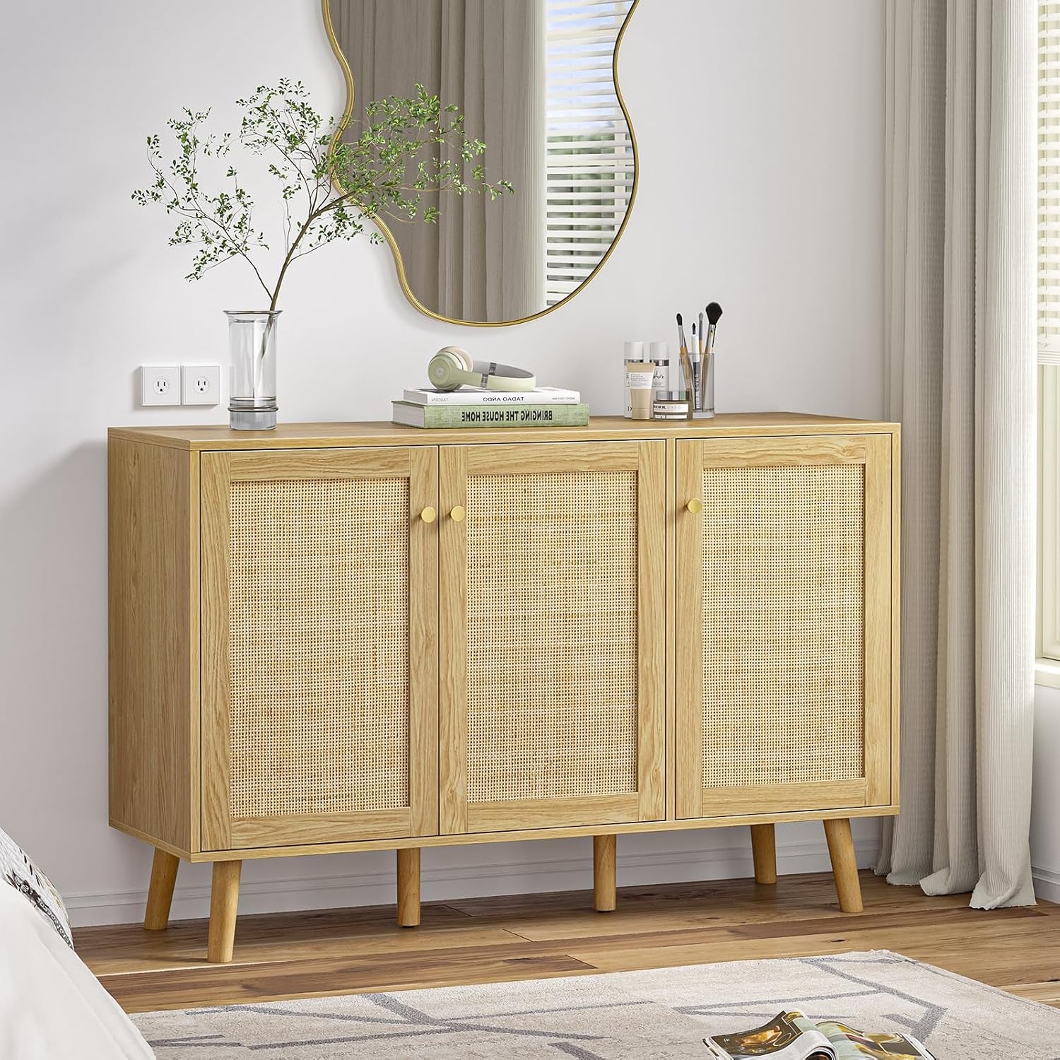 Modern Shoe Storage Cabinet 3 Doors, Hallway Buffet Cabinet Entryway Accent Cabinets, Sideboard Wood Credenza with Adjustable Shelves for Living Room, Kitchen