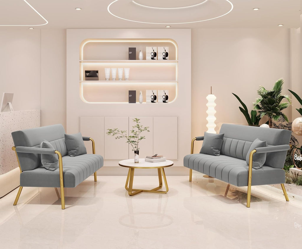 Light Grey 2 Seater Sofa, Velvet Small Compact Loveseat Couch | Upholstered Sofa Bed, Golden Metal Arms and Legs, Small Space for Apartment Bedroom Living Room, Easily Assembly