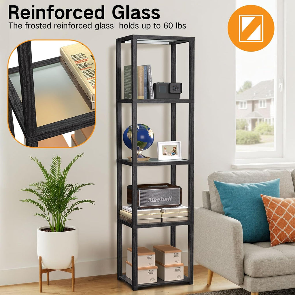 67" Glass Display Shelf with Dimmable LED Floor Lamp, Collectibles Display Cabinet with Remote & App Control, 5 Tier Open Bookshelf Lamp for Living Room, Bedroom, Office, Home Decor, Black | Remote Control and App Control, Open Bookcase Light for Living Room and Bedroom, Black