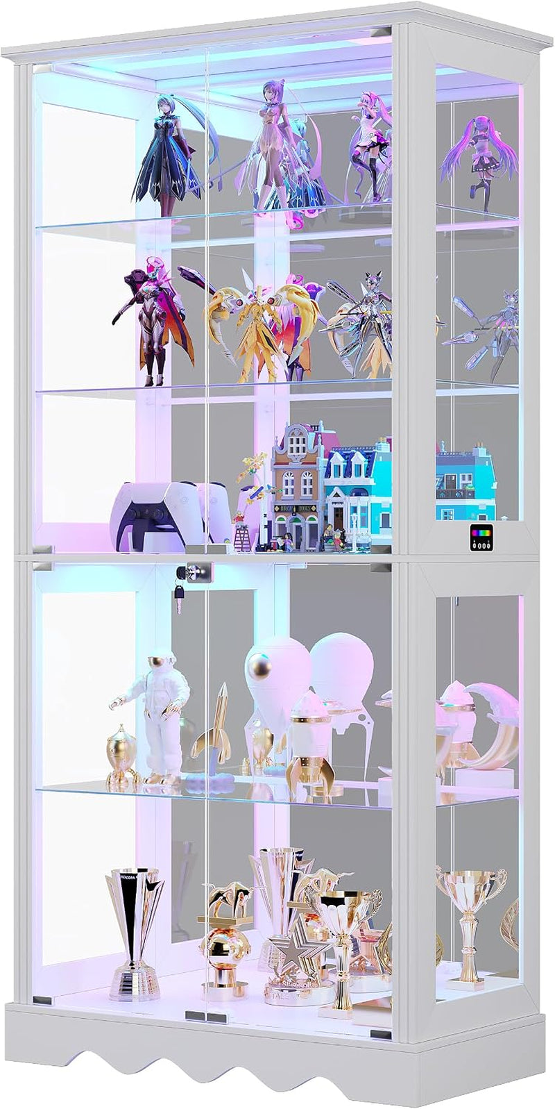Glass Display Cabinet with Lock and RGB Lights, 5-Tier, White | Curio Display Case with Glass Doors, with Adjustable Shelf and Human Sensor Design, for Collectibles/ Toys/ Books