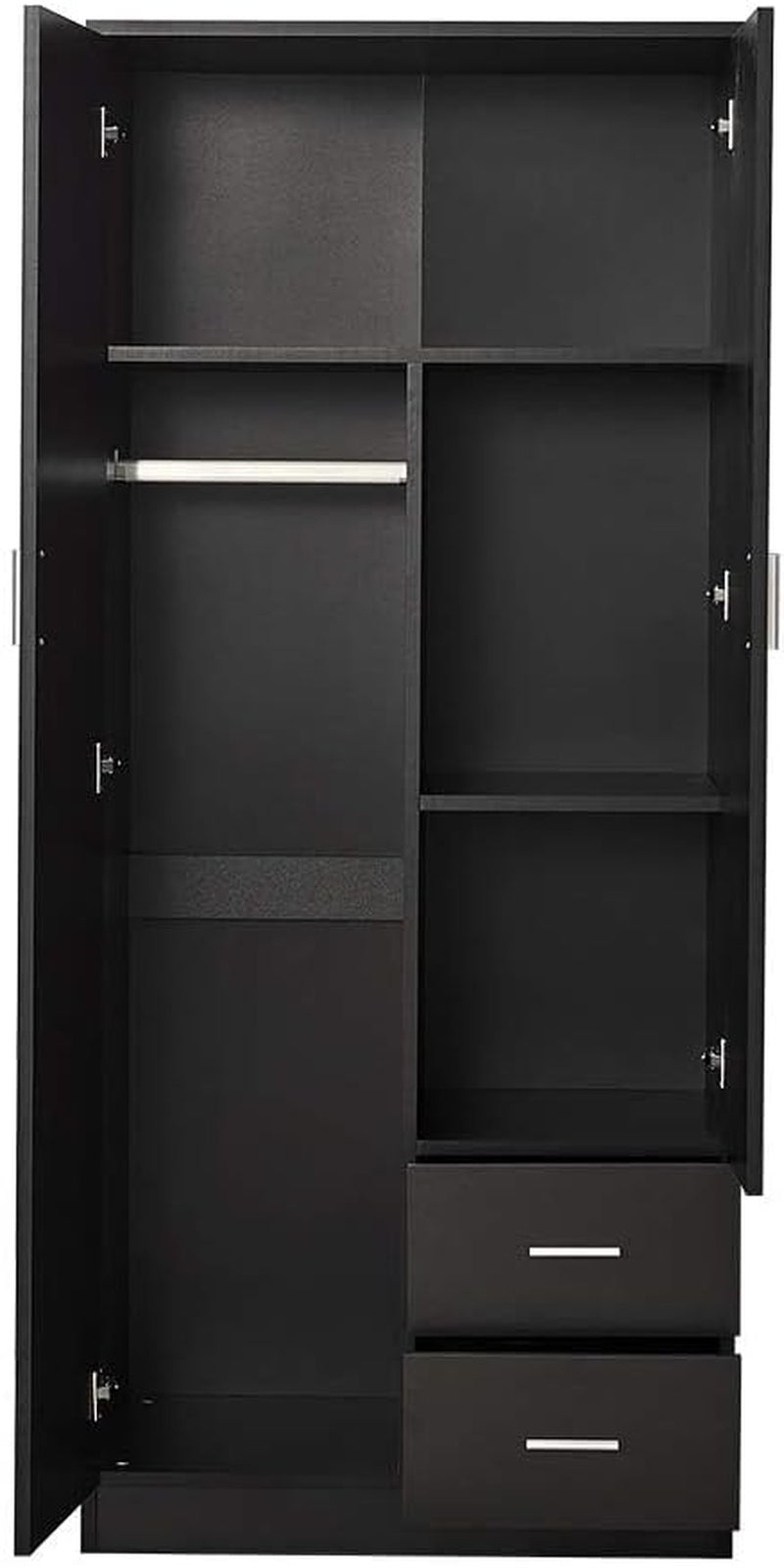 Wooden 2 Door 2 Drawer Wardrobe with Shelf and Hanging Rail Modern Clothes Storage Cupboards Unit for Bedroom Furniture W 77 * D 50 * H 180Cm (Black)