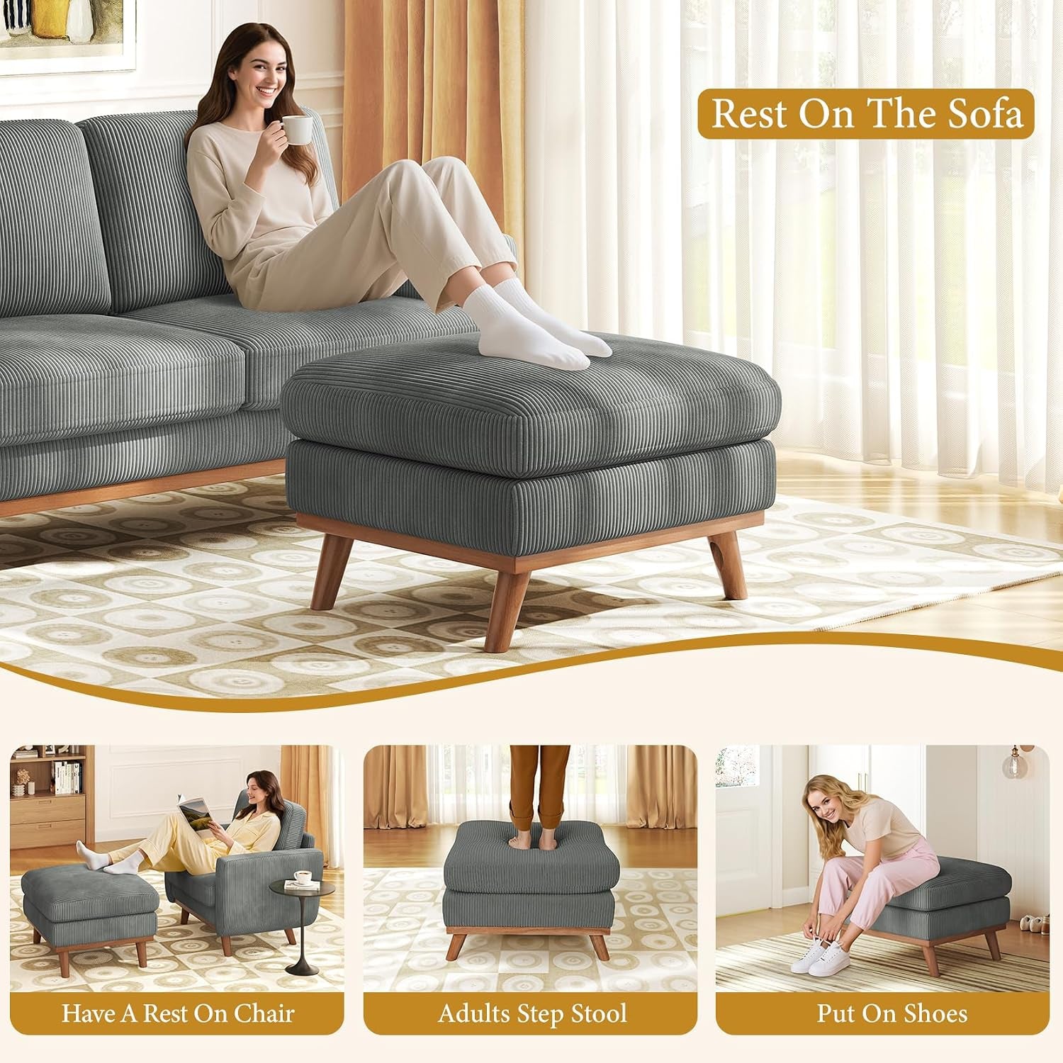 Large Ottoman for Modular Sofa, Large Corduroy Ottoman with Spring Cushion, Rectangle Foot Rest for Couch, Entrance Footstool with Wood Legs, Footstool for Living Room, Bedroom, Dark Grey