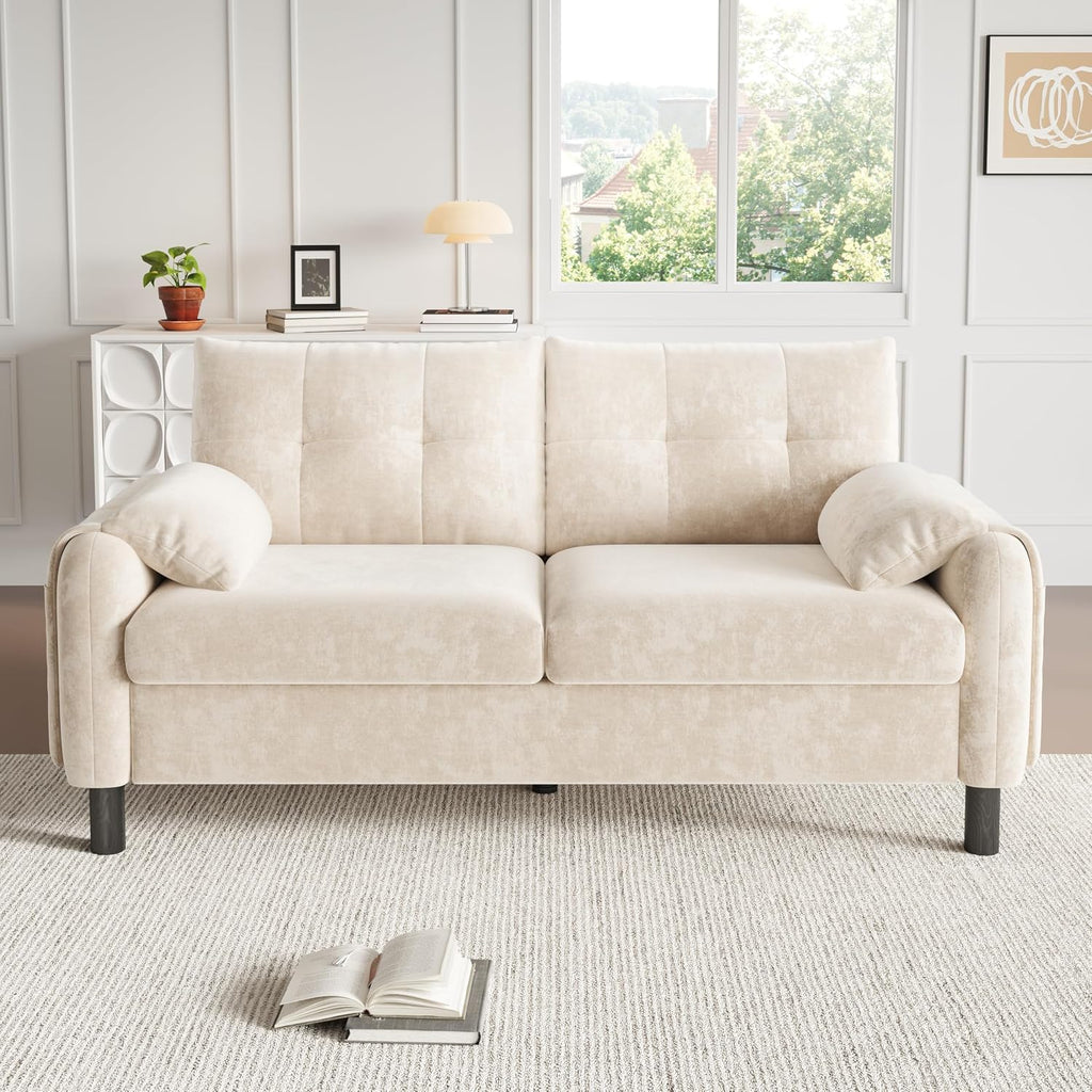 2 Seater Chenille Sofa Small Sofa with Soft Cushioned Seat Beige | Two Seater Sofa with Pillow‑Style Armrests and Side Storage Pocket, Loveseat for Small Living Rooms, Bedrooms and Apartments