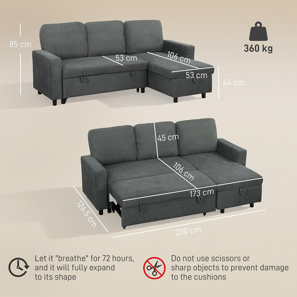 Sofa Bed with Storage Convertible L Shaped Couch Charcoal Grey | Corner Sleeper Couch, 3 Seater Pull Out Sofa Bed, Reversible Chaise, Side Pockets, Living Room, Bedroom, Small Spaces