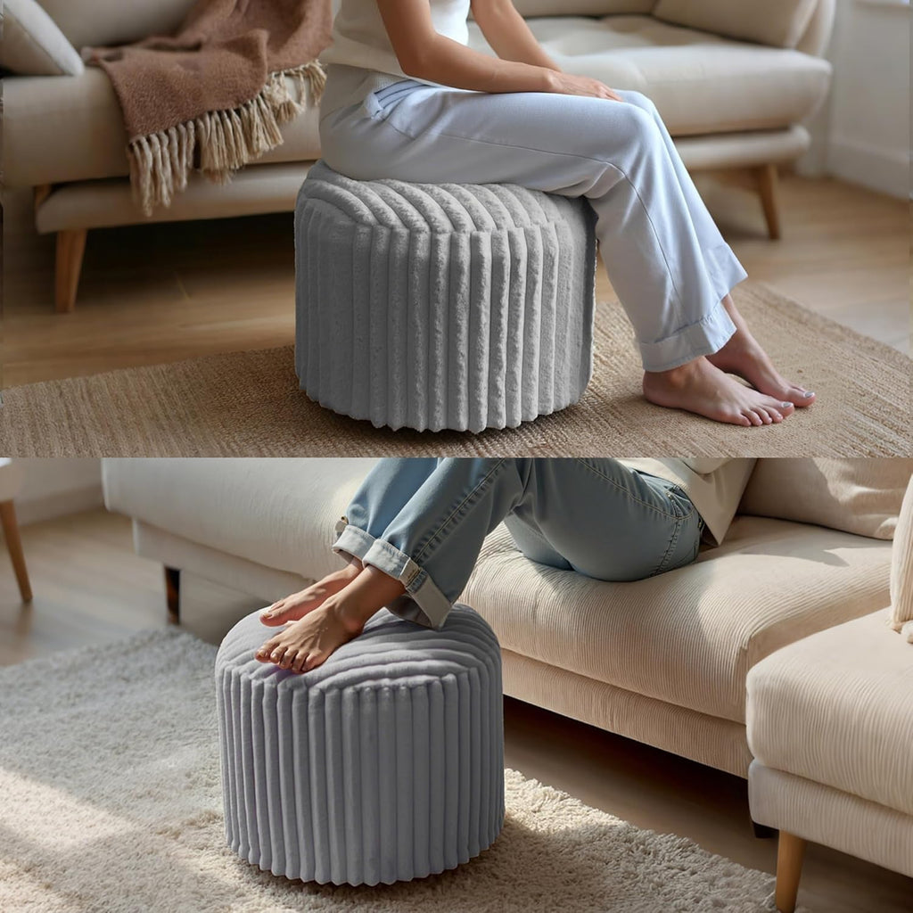Round Footstool Bean Bag, Faux Fur Pouffe, Grey | Pouf with Foam Chunk Filling, Ottoman Stuffed round for Foot Rest, Dressing Table Stool, 38X50 Cm Footstool for Living Room