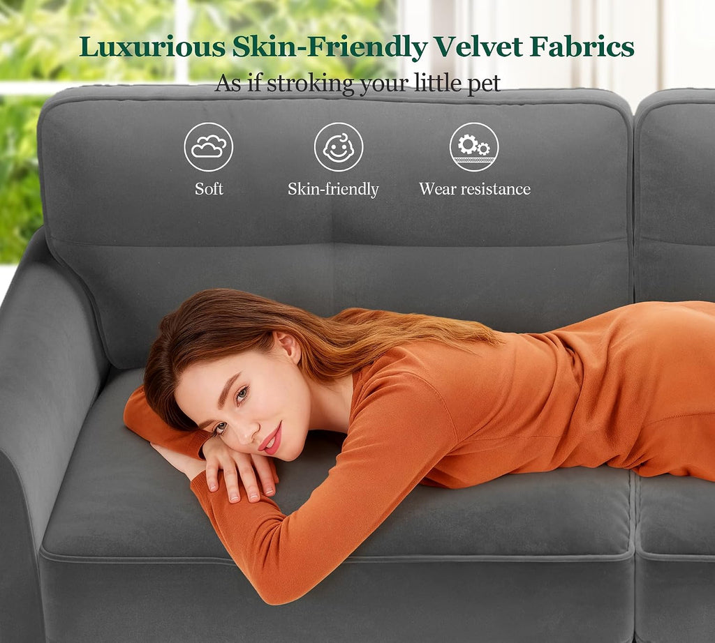 3 Seater Sofas 175CM, Velvet Small Sofa with 53Cm Deep Seat, Modern Couch 318Kg Capacity, Comfy Love Seat Tool-Free Setup, Large 2 Seater Sofa in a Box, Loveseat Couch for Living Room