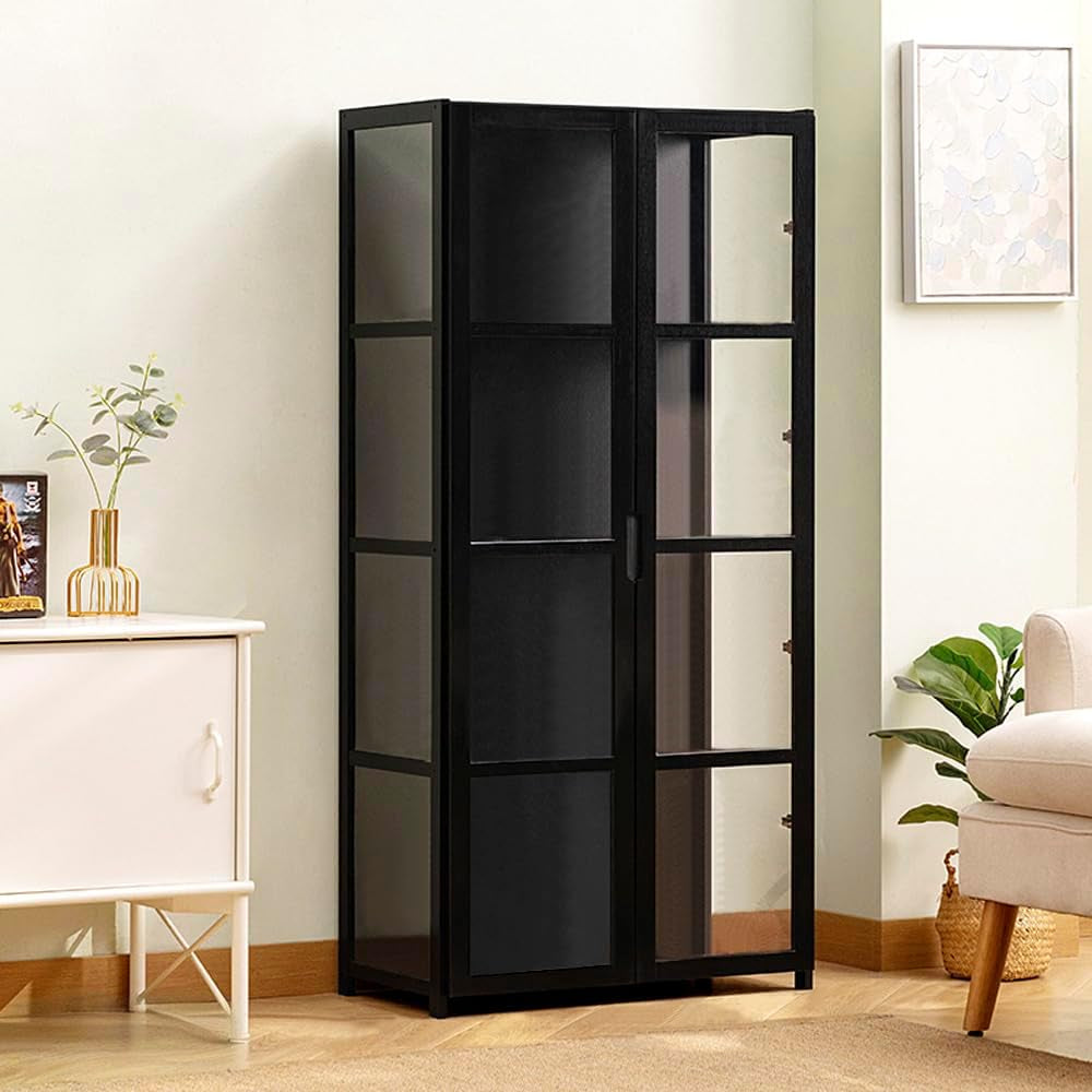 Acrylic Display Cabinet, Black, Double Doors, 4 Tier, 3 Sided | 4 Tier Clear Showcase Cabinet for Collectibles,Transparent Black Shelves for Collectibles