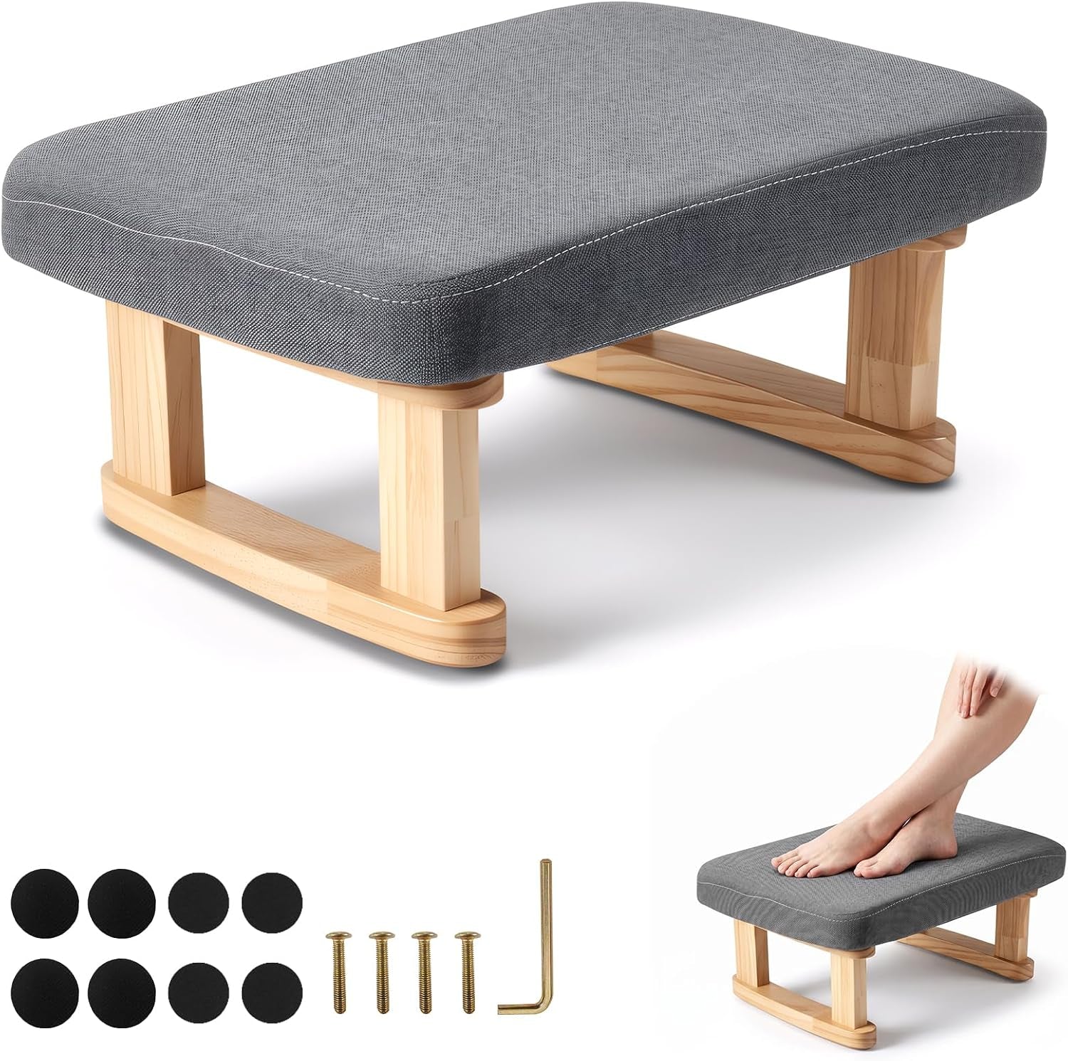 Small Footstool, Lightweight Pouffe Footstool with Stable Wooden Legs and Removable Soft Cushion Cover, Modern Foot Rest under Desk for Living Room Bedroom Office Hallway Entryway (Dark Gray)