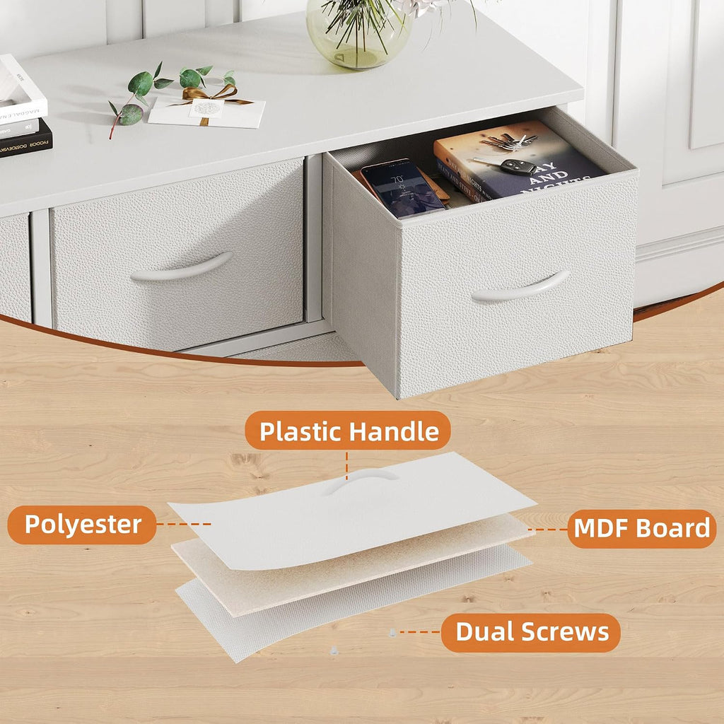 Chest of Drawers with 5 Drawers, White Fabric Dresser with Wood Top for Bedroom, Living Room, Large Storage Space