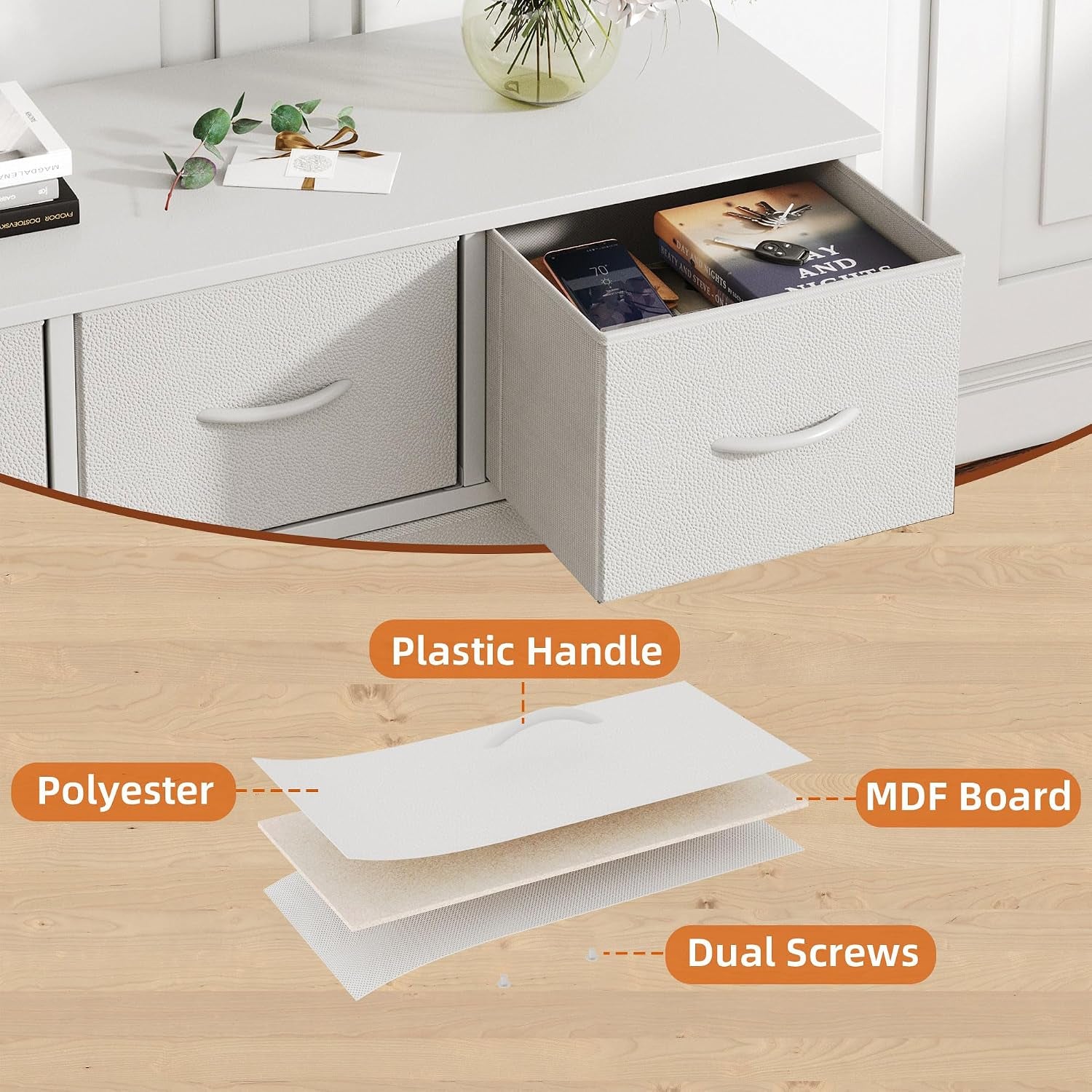 Chest of Drawers with 5 Drawers, White Fabric Dresser with Wood Top for Bedroom, Living Room, Large Storage Space