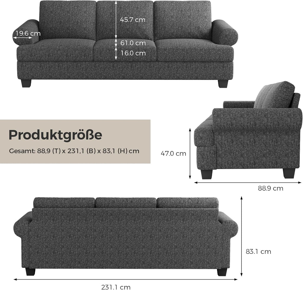 231CM Sofa Couch, Deep Seat Sofa with Lawson Style Armrests, Modern 3 Seater Sofa with Upholstered Cushion& Backrests, Mid-Century Comfy Couch for Living Room, Apartment, Gray