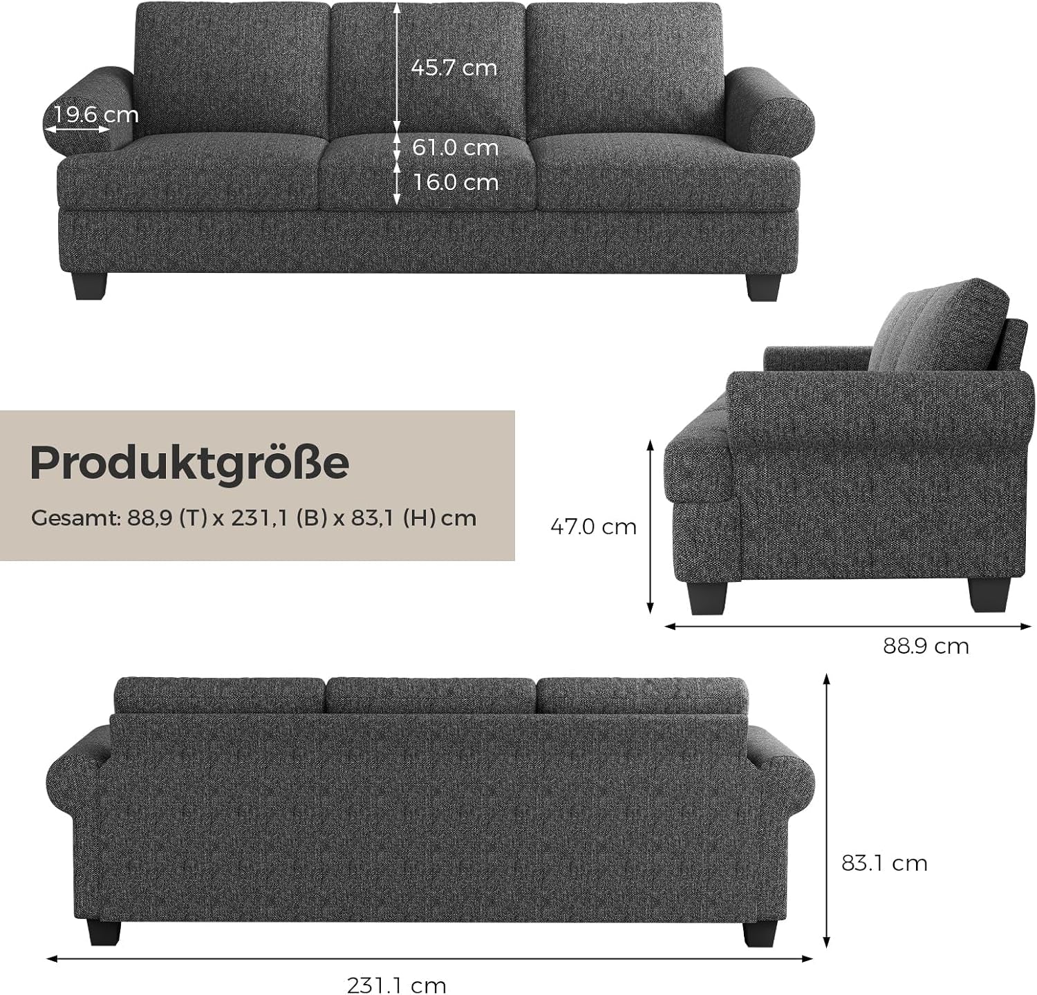 231CM Sofa Couch, Deep Seat Sofa with Lawson Style Armrests, Modern 3 Seater Sofa with Upholstered Cushion& Backrests, Mid-Century Comfy Couch for Living Room, Apartment, Gray