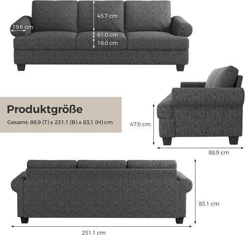 231CM Sofa Couch, Deep Seat Sofa with Lawson Style Armrests, Modern 3 Seater Sofa with Upholstered Cushion& Backrests, Mid-Century Comfy Couch for Living Room, Apartment, Gray