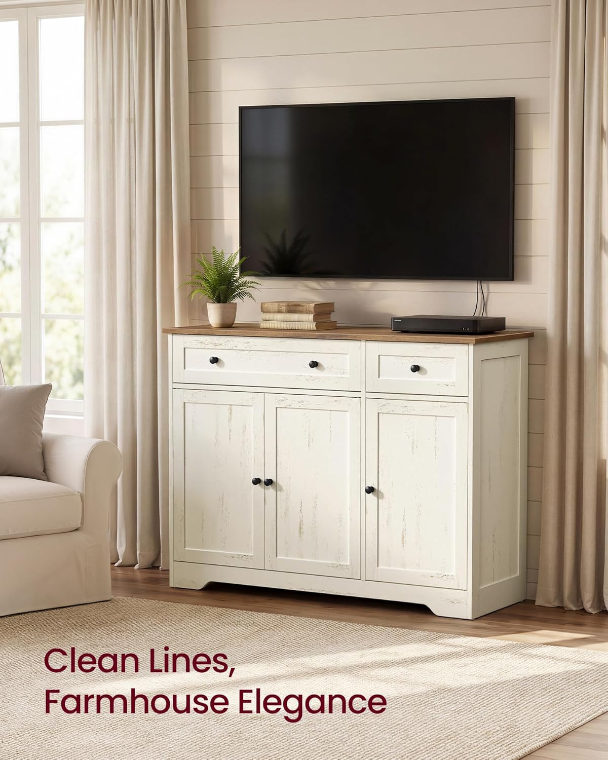 Collection - Storage Cabinet, Farmhouse Buffet Cabinet with 2 Drawers and Adjustable Shelves, 3 Doors, Sideboard, Coffee Bar, 40 X 107 X 80 Cm, Rustic White and Honey Brown SIREN LSC531WJ01