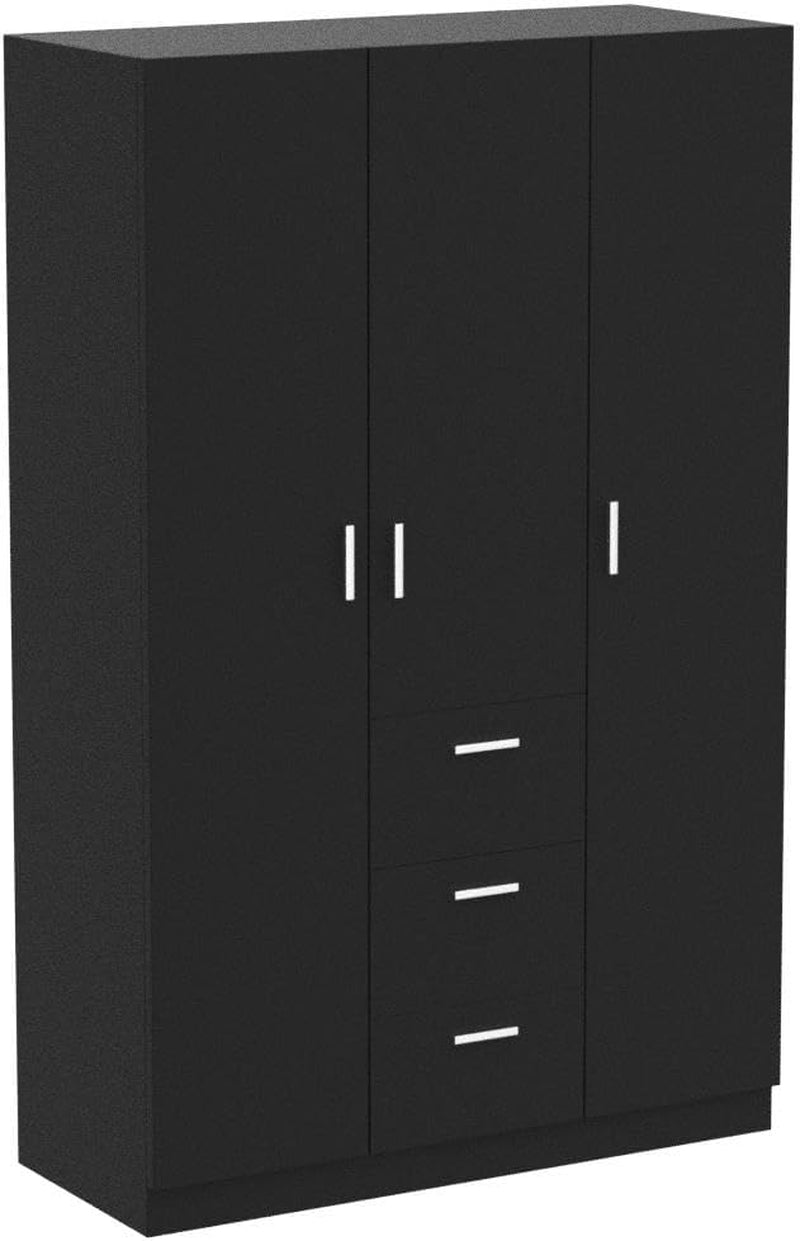 Wooden 3 Doors 3 Drawers Wardrobes with Hanging Rail and Storage Shelves Modern Large Clothes Cupboards Unit for Bedroom Furniture (Black)