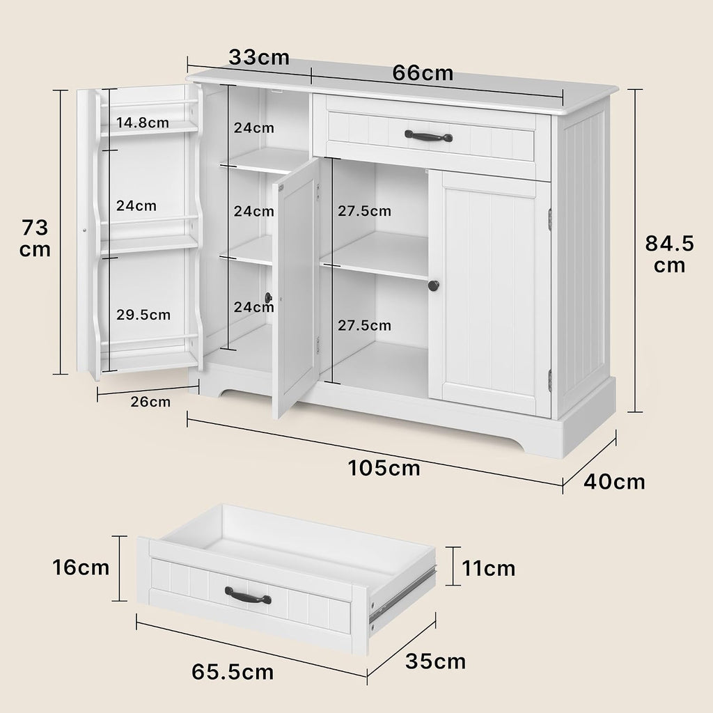 Sideboard Cabinet, Kitchen Storage Cupboard with Drawer | 3-Tier Door Storage and 2-Door Cabinet, Anti-Tip Design, 105 X 40 X 84.5 Cm
