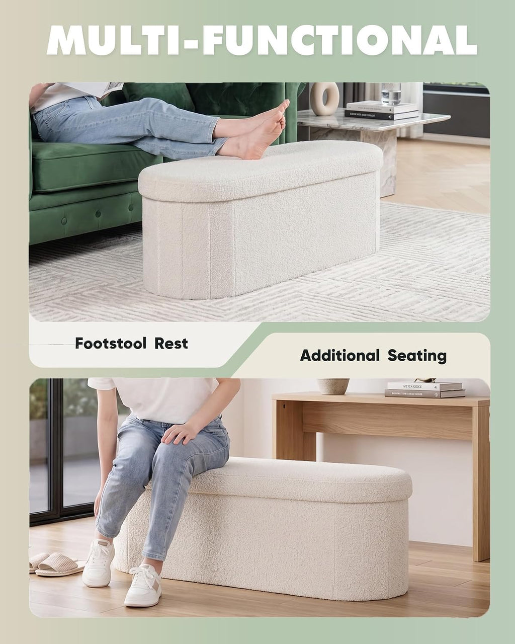 Folding Ottoman Storage Bench,Boucle Footstool Oval, End of Bed Stool, Ideal for Living Room, Bedroom, 100L Storage Space,Cream,110X38X38Cm