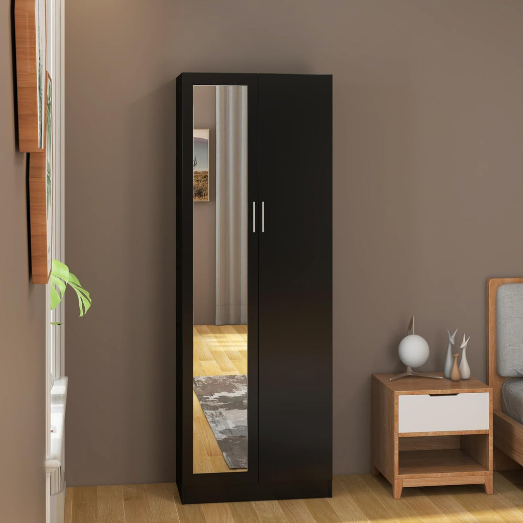 Wooden 2 Door Mirrored Wardrobe with Hanging Rail Modern Clothes Storage Cupboards Unit for Bedroom Furniture W 72 X D 47 X H 170 Cm (Black)