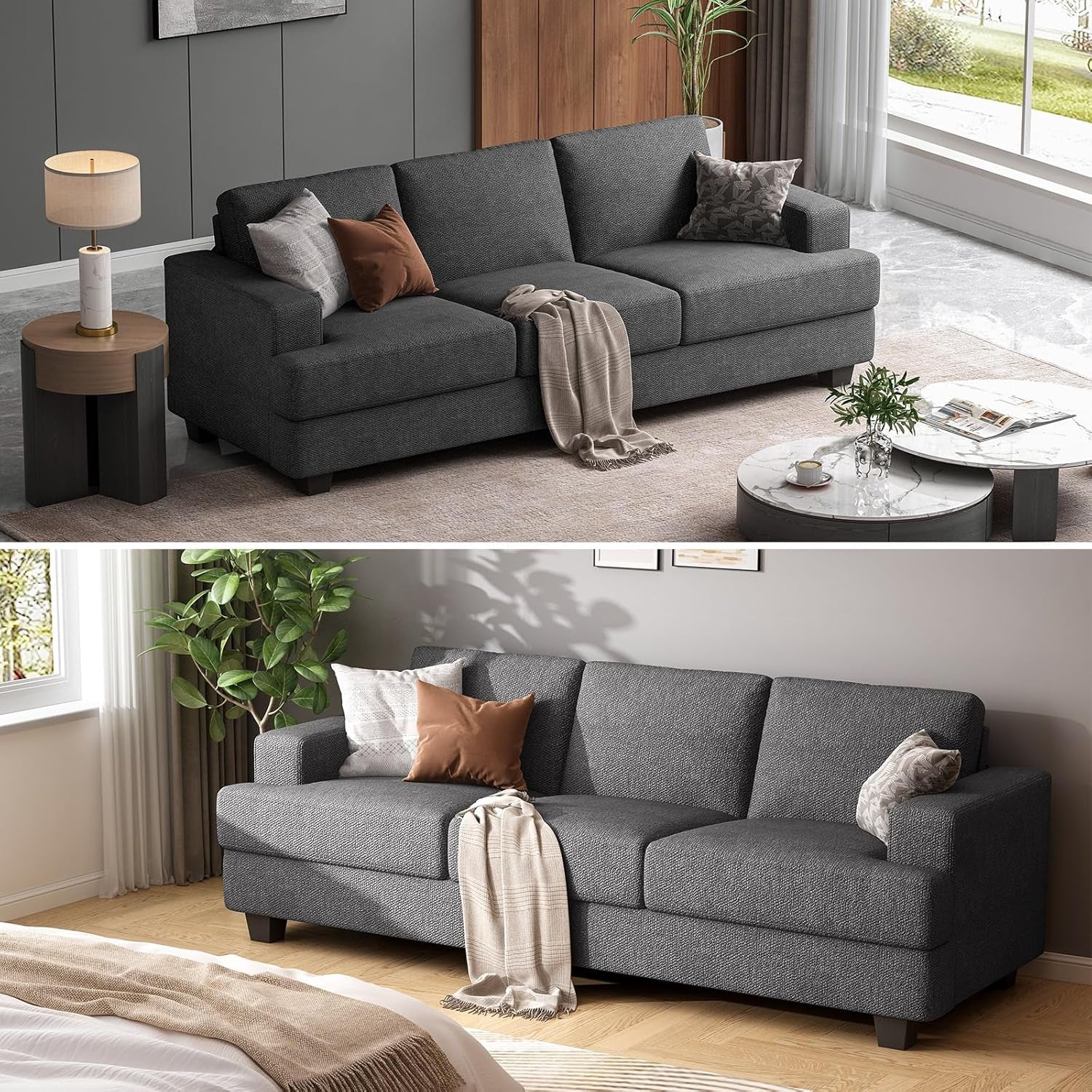 226CM Sofa Couch, 3 Seater Sofa with Suppleness Armrests, Linen Fabric Deep Seat Sofa with Upholstered Cushion& Backrests, Modern Comfy Couch for Living Room Apartment Office