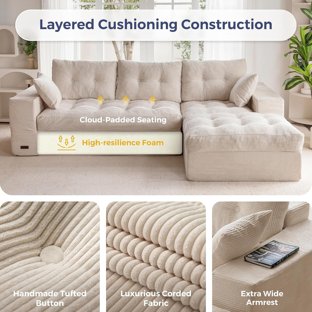 Modular Sectional Sofa,Jumbo Cord 3-4 Seater Corner Sofa Left/Right Hand Facing Corduroy L Shaped Couch for Living Room Bedroom, No Assembly Required Off-White
