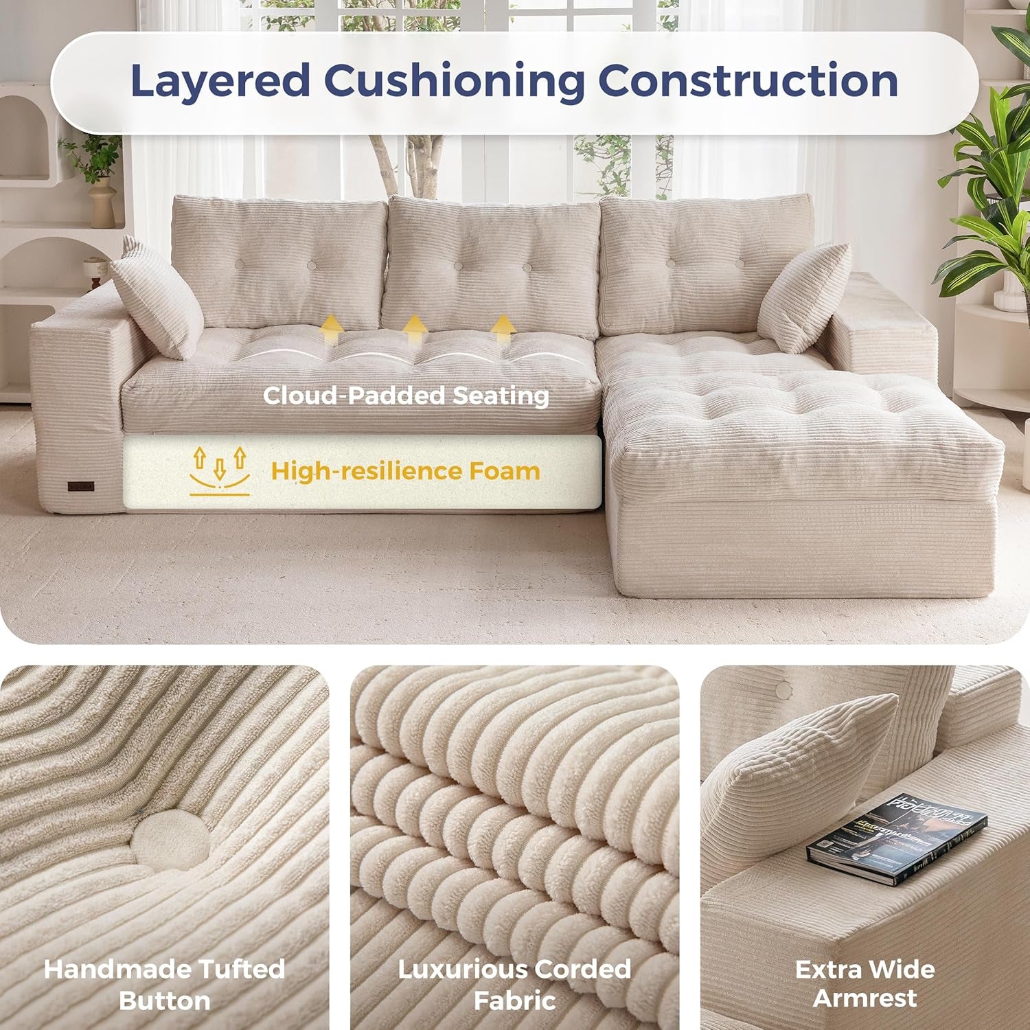 Modular Sectional Sofa,Jumbo Cord 3-4 Seater Corner Sofa Left/Right Hand Facing Corduroy L Shaped Couch for Living Room Bedroom, No Assembly Required Off-White