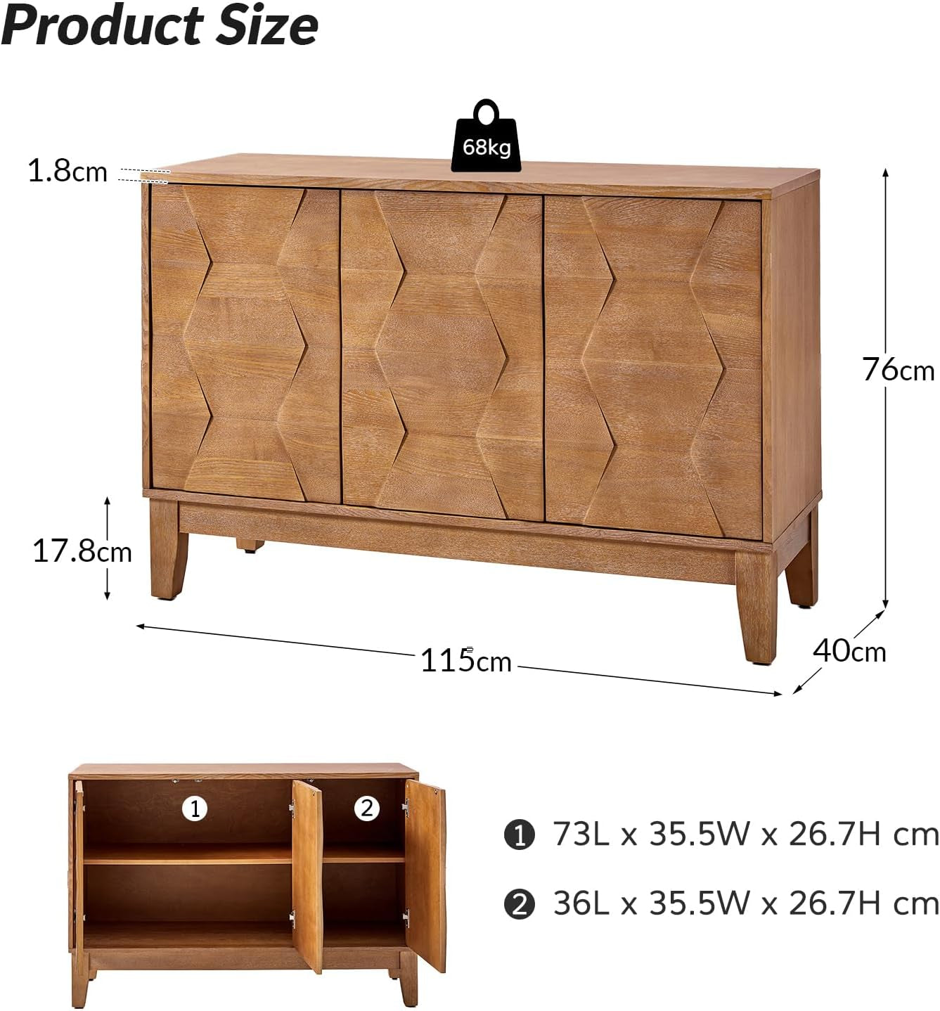 115 Cm Wooden Sideboard with Adjustable Shelves, Seadrift | 3-Door Storage Cabinet with Hexagonal Door Design, Solid Wood Legs, Ample Storage for Living Room, Dining Room, Easy Assembly