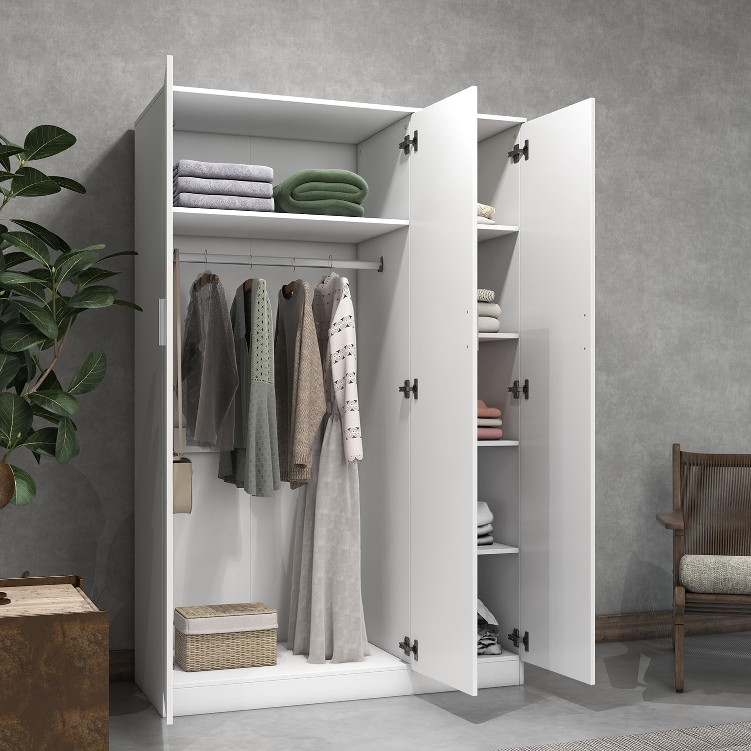 3 Doors Mirrored Wardrobe for Bedroom Bedroom Furniture Robe with 6 Storage Compartments, Hanging Rail, 115.4 X 50 X 180 Cm (White)