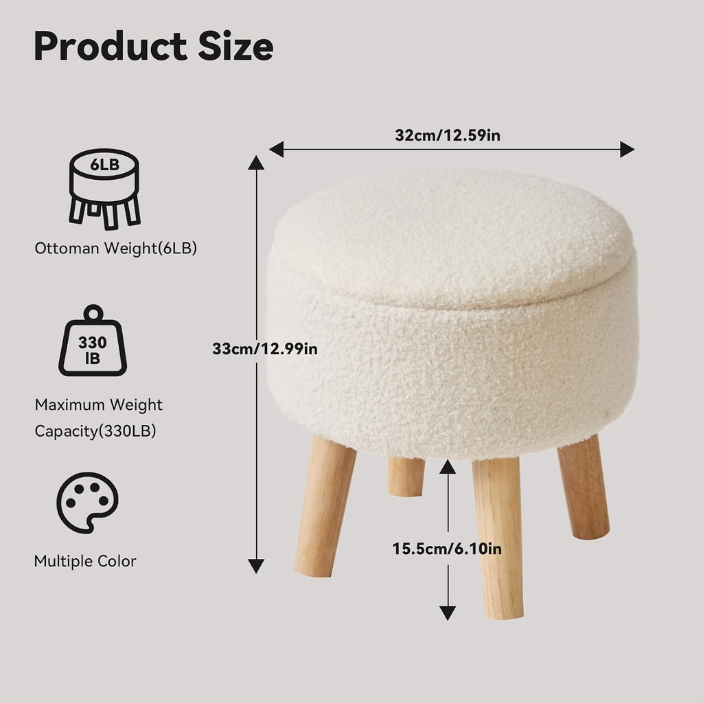 13 Inch Small Footstool Ottoman with Storage, round Pouffe Foot Rest with Padded Seat and Wood Legs, Teddy Velvet Mini Footstool for Living Room Couch Bedroom Entryway, Cream WBD006W