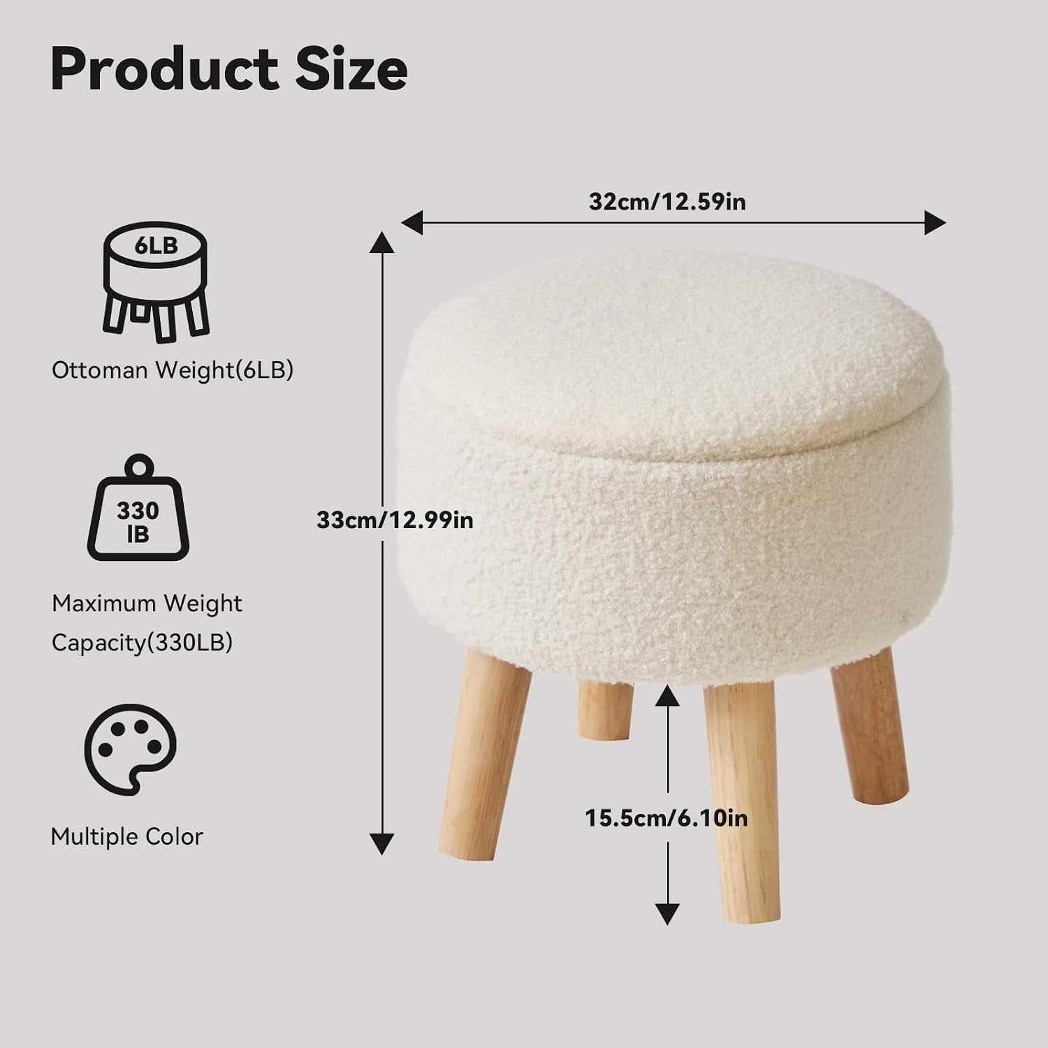 13 Inch Small Footstool Ottoman with Storage, round Pouffe Foot Rest with Padded Seat and Wood Legs, Teddy Velvet Mini Footstool for Living Room Couch Bedroom Entryway, Cream WBD006W